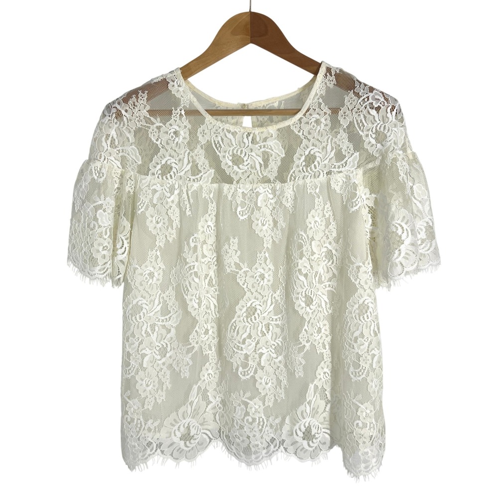 BB Dakota Women Ivory Floral Lace Short Sleeve Blouse Top BH404825 Size M
